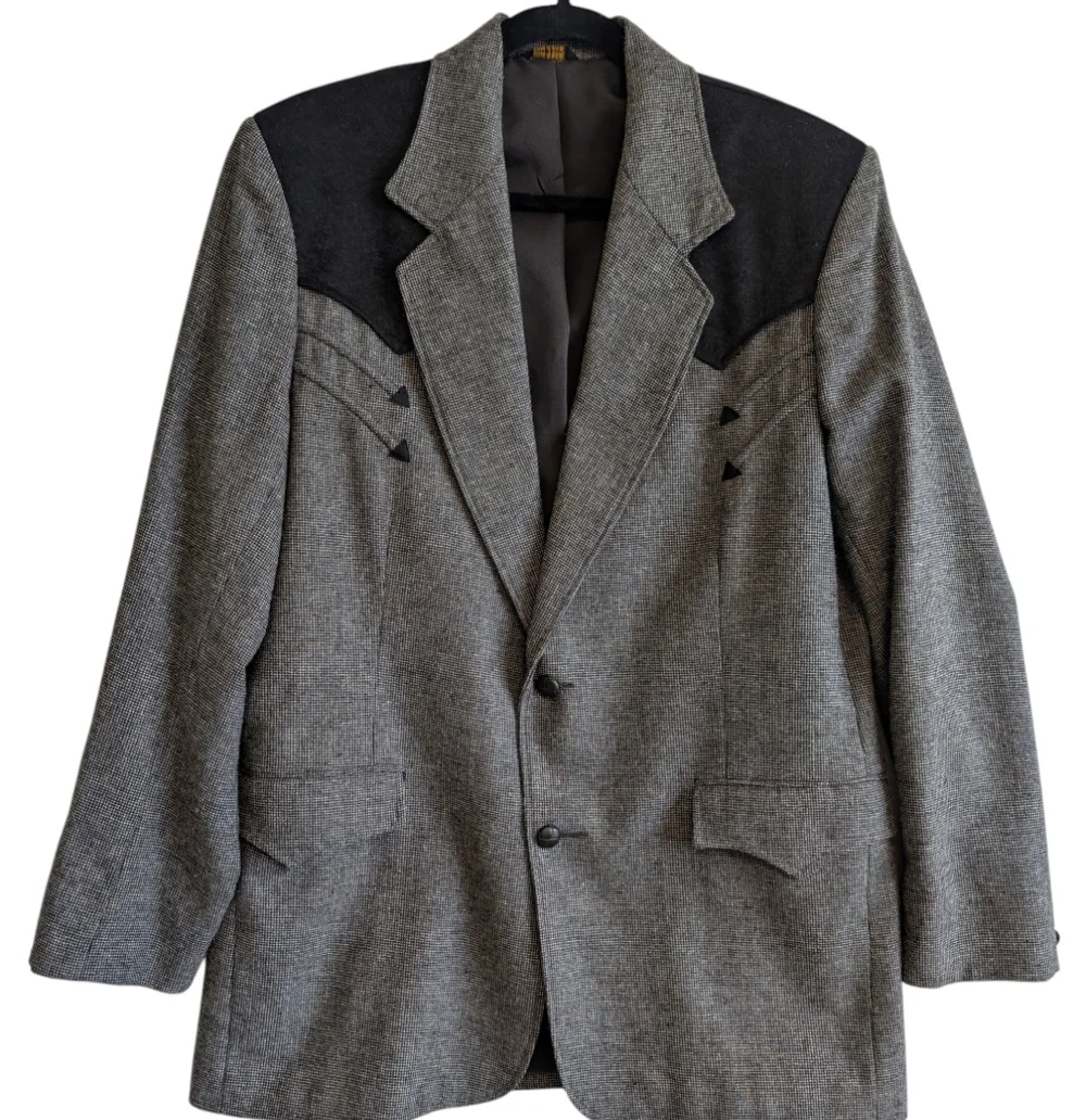 Vtg Pioneer Wear Western Blazer Jacket Black Gray Tweed 42L Men's